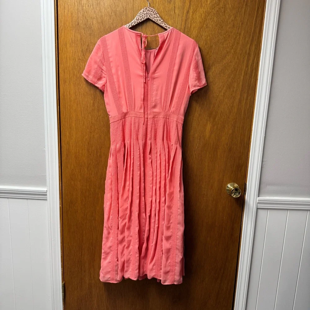 J. Crew Embroidered Flowy Chiffon Short Sleeve Pleated Skirt Midi Dress Pink 6